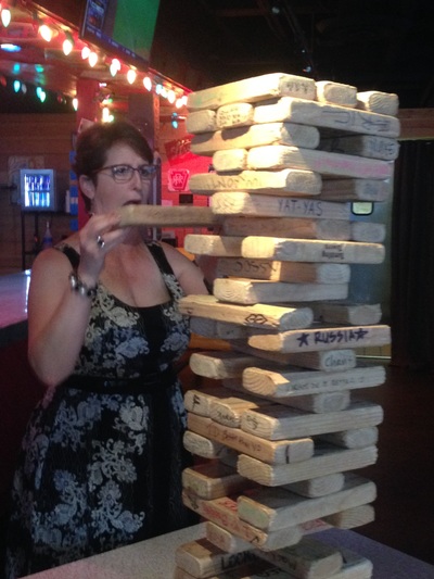 Jenga at a fun restaurant to celebrate a recent birthday.